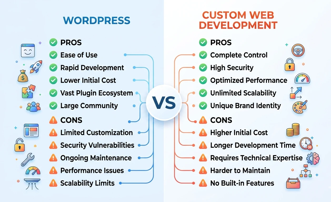 WordPress vs custom web development pros and cons