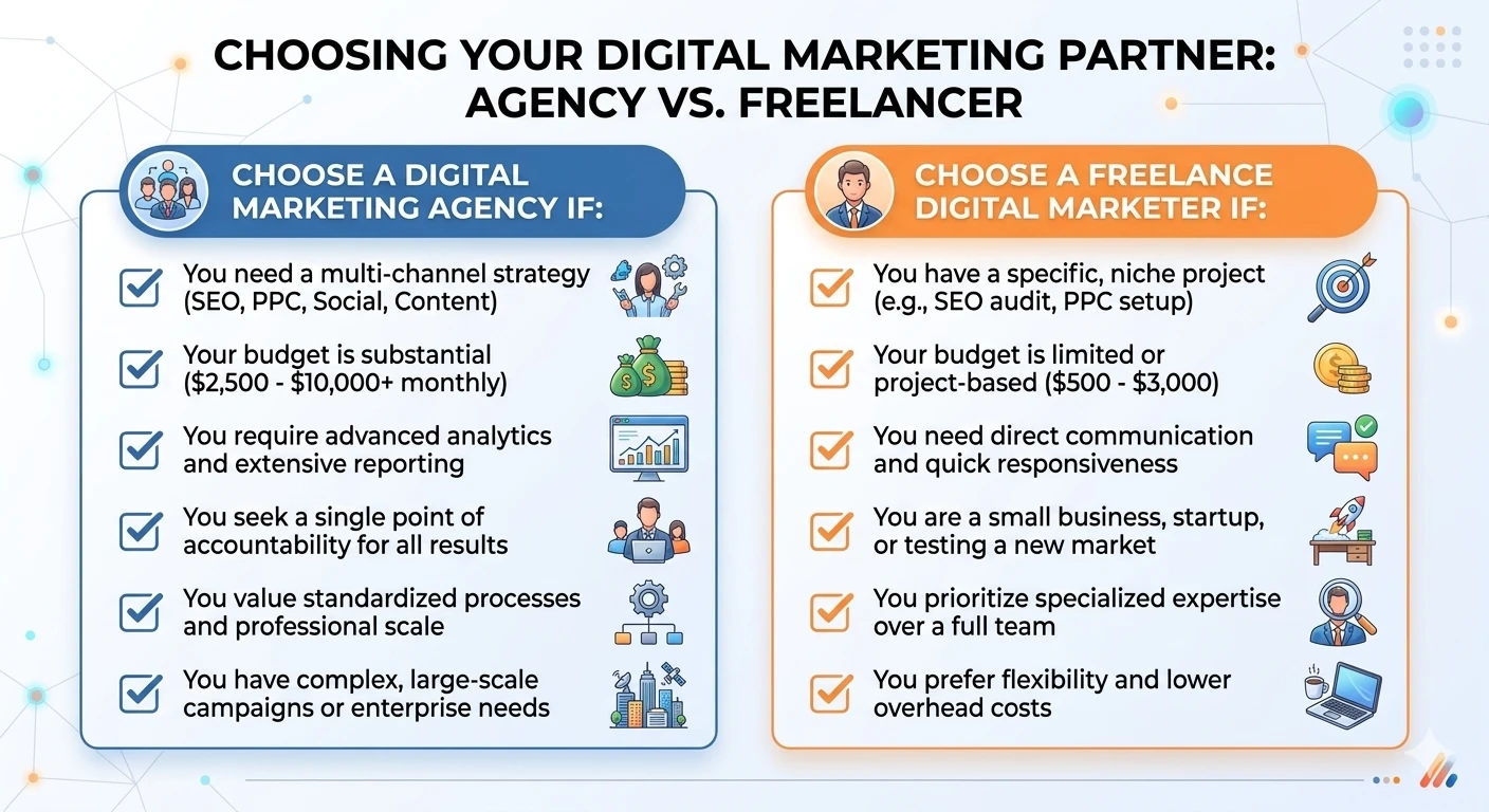 when to hire digital marketing agency vs freelancer